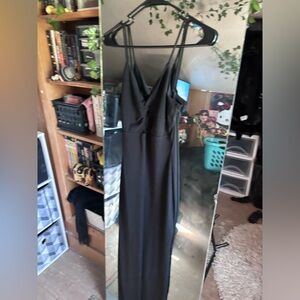 Formal black dress; open top cut black full length dress